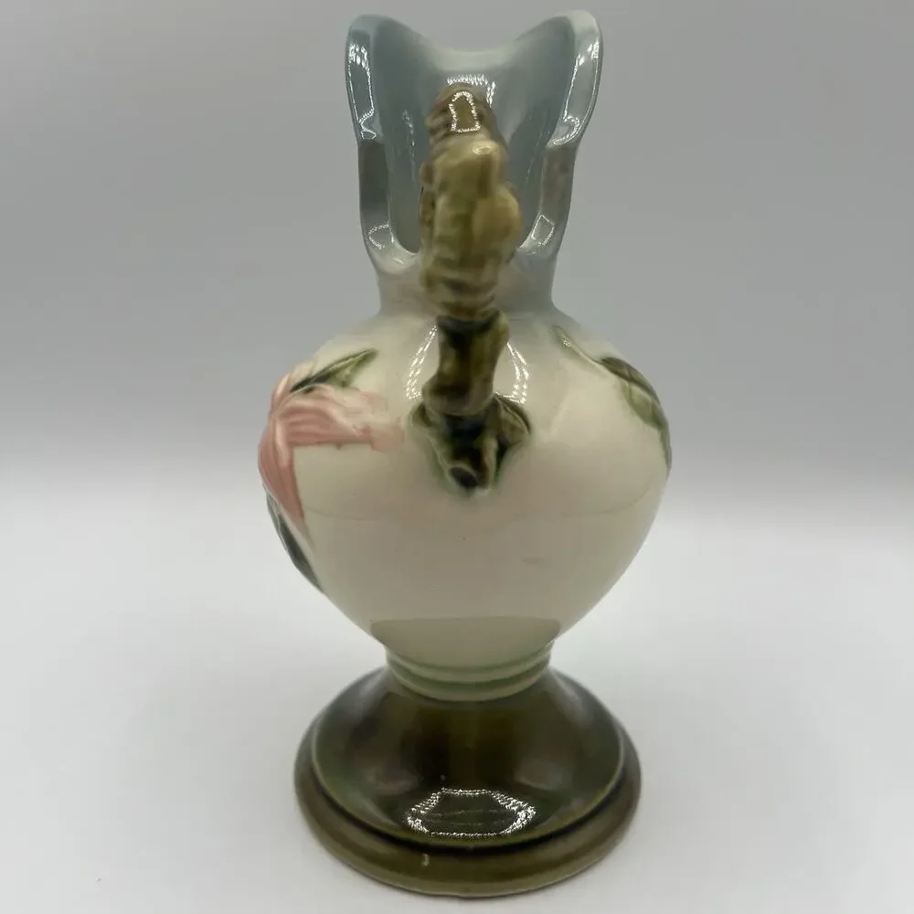 VTG Hull Pottery Woodland Ewer Pitcher W6 6½” Pink Floral Green Handle USA